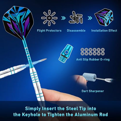 XAWU 3 Pack Steel Tip Darts Set Professional Darts 22g, 24g with 9 Dart Flights 3 Aluminum Shafts 3 Spare Shafts 1 Dart Sharpener 12 Rubber O-Rings Flight Protector and Darts Case - color: 24g Moonlight Blue