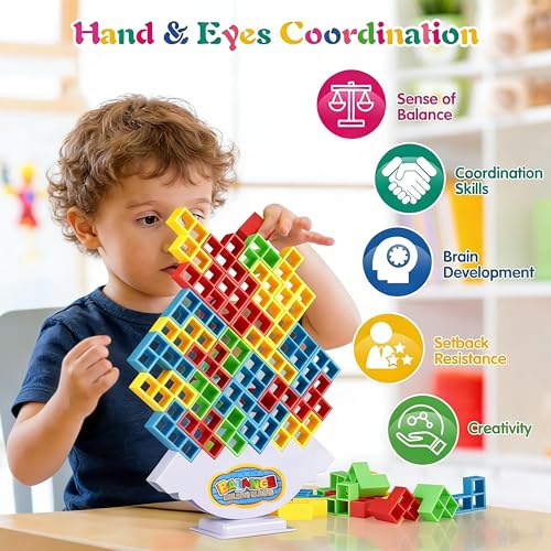 72Pcs Balance Stack Game for Kids 8+ & Adults, w/66 Challenge Cards | Large Balance Stacking Blocks for 2-4 Player, STEM Building Toy for Kids, Giant Balance Tower Game for Family&Party