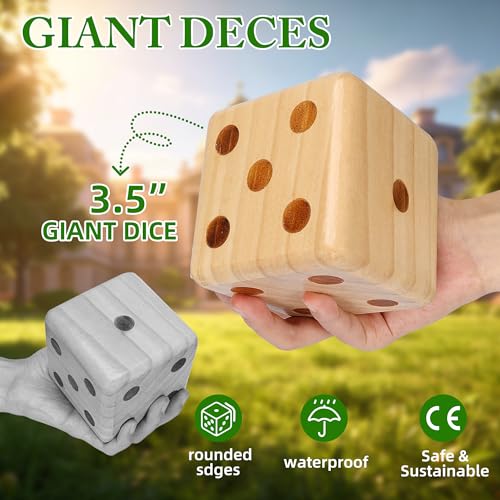 Gothink 3.5" Giant Wooden Yard Dice Set with Carrying Bag, Outdoor Dice Game Set with 6 Giant Dice, Collapsible Bucket, Sheet Score Pads, Laminated Score Cards