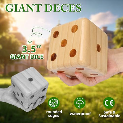 Gothink 3.5" Giant Wooden Yard Dice Set with Carrying Bag, Outdoor Dice Game Set with 6 Giant Dice, Collapsible Bucket, Sheet Score Pads, Laminated Score Cards