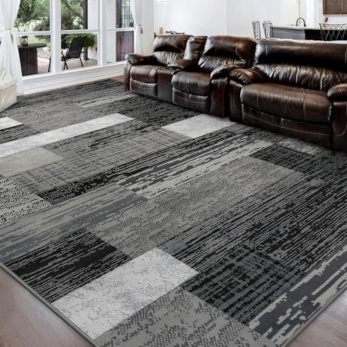FlyDOIT Modern Geometric Patchwork Area Rug, 4x6 Grey Large Rugs for Living Room, Rockwood Collection Indoor Rugs for Bedroom, Throw Carpet Floor Decor for Entryway Dining Room Office Nursery - color: Grey, size: 4' x 6' (Rectangular)