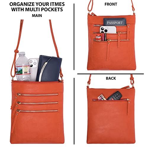 Solene Crossbody Bag Functional Multi Pocket Messenger Purse Top Zip Closure Shoulder Handbag With Adjustable Strap - color: Burnt Orange