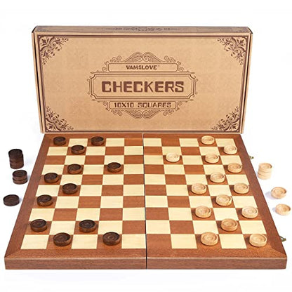VAMSLOVE 15inch Checkers Folding Wooden Game Set, 100 Square Checkerboard International Checkers Draughts Board 10x10 for Kids with Pieces Storage Slots (Instructions Included)