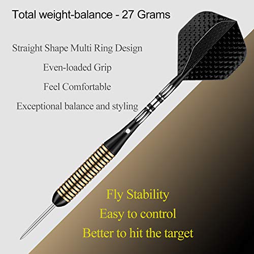 Steel Tip Darts Set for Dartboard, Professional Brass Darts Metal Tip Black Purple Aluminium Nylon Shafts 9 Flights 50 Rubber O-Rings 12 Spring Rings 1 Dart Sharpener Tool 24/27 Grams - color: 27g Black