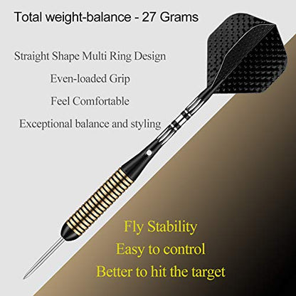 Steel Tip Darts Set for Dartboard, Professional Brass Darts Metal Tip Black Purple Aluminium Nylon Shafts 9 Flights 50 Rubber O-Rings 12 Spring Rings 1 Dart Sharpener Tool 24/27 Grams - color: 27g Black