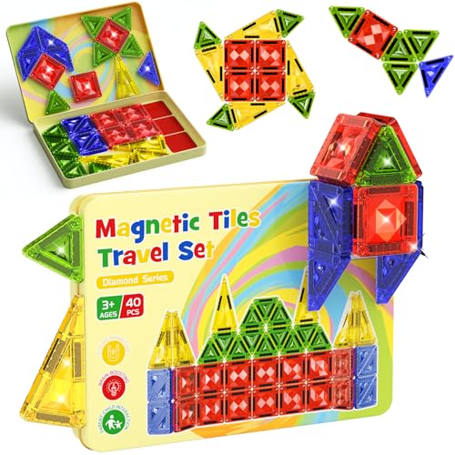 Mini Magnetic Tiles for Kids Ages 4-8, 40PCS Portable Travel Toys with Visual Storage Guide & Metal Storage Box, Compact Magnetic Building Blocks for Toddlers 3-5 Travel Activities - style: Diamond Texture Mini Magnetic Tiles - 40 PCS