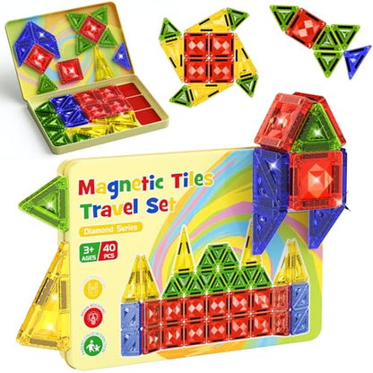 Mini Magnetic Tiles for Kids Ages 4-8, 40PCS Portable Travel Toys with Visual Storage Guide & Metal Storage Box, Compact Magnetic Building Blocks for Toddlers 3-5 Travel Activities - style: Diamond Texture Mini Magnetic Tiles - 40 PCS
