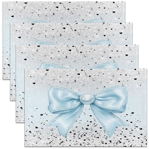 Blue Bowknot Kids Placemats Set of 4,Cartoon Bow Tie Princess Table Place Mats,Dot Love Heart Glitter Romantic Kitchen Decor,Black Blue Placemat Kitchen Table Decoration 12"x18" - color: Black Blue
