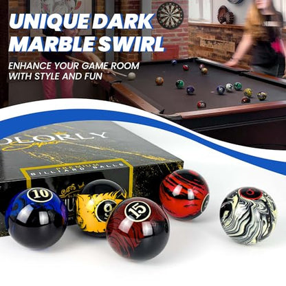Billiard Balls AAA-Grade, Complete Set of 16 Pool Balls, 2-1/4" Regulation Size and Weight Professional Tournament Pool Table Balls (Dark Marble Swirl)