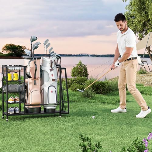 HOOBRO Golf Bag Storage Garage Organizer, Golf Bag Storage Stand Fits 2 Golf Bags and Golf Equipment Rack with Wheels, Extra Storage Rack for Garage, Club, Basement, Black BK49CJ01 - size: 43.3"L x 11.8"W x 33.5"H