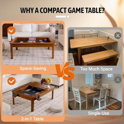 Solid Wood Board Game Coffee Table with Removable Top, 3-in-1 Gaming and Dining Table Includes Play Mat & Detachable Cup Holders, 48" L x 33" W - color: Cherry01