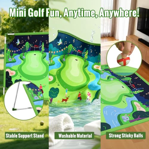 Owine Golf Chipping Game Set, 70" x70'' Double Sided Golf Hitting Mat with 2 Clubs and 20 Sticky Balls, Indoor Outdoor Golf Practice Game for Adults Kids, Home Sport Party/Backyard Party Activity