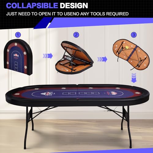 RAYKEEP 86" Large Foldable Poker Table, 10-Player Casino-Style Texas Holdem & Blackjack Game Table with Cup Holders, Padded Rails for Home Game Room, Family Nights, and Parties (Black) - color: 86"