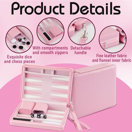 Jerify Travel Backgammon Set Board Games for Adults Portable Backgammon 9.4 x 7.1 inches Leatherette Case Classic Strategy Game for Families Companion Airplane, Camping(Pink) - color: Pink