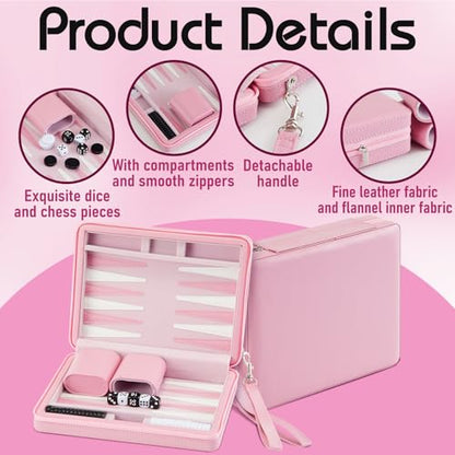 Jerify Travel Backgammon Set Board Games for Adults Portable Backgammon 9.4 x 7.1 inches Leatherette Case Classic Strategy Game for Families Companion Airplane, Camping(Pink) - color: Pink