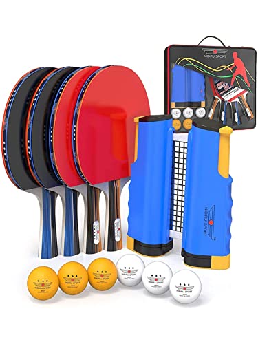 NIBIRU SPORT Professional Ping Pong Paddle Sets - 2 Player or 4 Player Table Tennis Paddles, Retractable Net, Pingpong Balls and Carry Bag Storage Case - Table Tennis Equipment & Ping Pong Accessories - style: 4 Paddles+6 Balls+Net