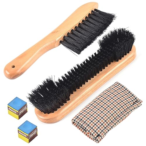 2Set Wood Billiard Pool Table Brush and Rail Brush Set with Soft Nylon Bristle,Billiard Table Cleaner Brushes with Cleaner Cloth 2 Cue Chalk Cube,Pool Tables Accessorie