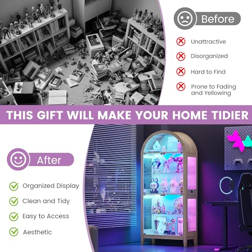 Gurexl 5-Tier Arched Glass Display Cabinet, Motion Sensor RGB LED Showcase with Music Sync Light & Adjustable Shelves, Tempered Glass Curio Cabinet for Action Figures Trophies Collectibles, Wood - color: Wood-80008a