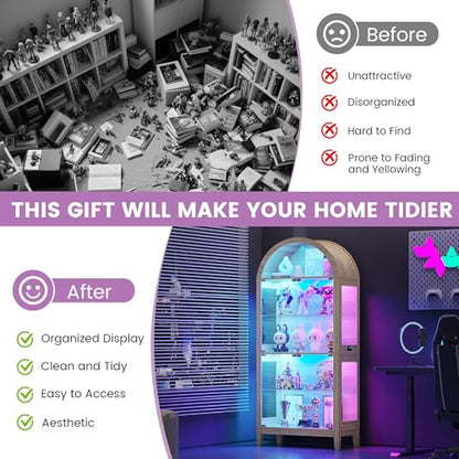 Gurexl 5-Tier Arched Glass Display Cabinet, Motion Sensor RGB LED Showcase with Music Sync Light & Adjustable Shelves, Tempered Glass Curio Cabinet for Action Figures Trophies Collectibles, Wood - color: Wood-80008a
