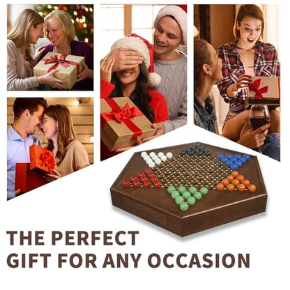 Chinese Checkers Board Game - 15” Large Wooden Checkers Game with Storage Drawer, 16mm Glass Marbles (60 + 12 Extras), Classic Family Strategy Game for 2-6 Players - size: 15"