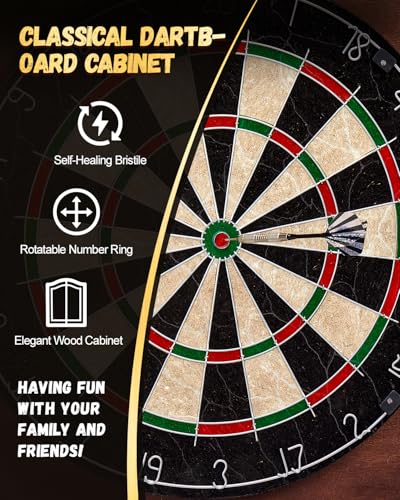Sisal Dart Board Cabinet Sets, Decorative Dart Boards for Adults [6*Steel Darts] - Wooden Dartboard Cabinet with Integrated Scoreboard for Family Game Rooms - style: CHOCOLATE