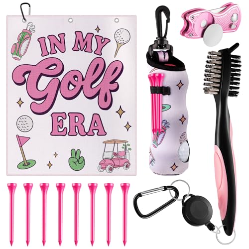 Liliful 12 Pcs Golf Accessories Kit, Include Golf Ball Bag with Hook Towel Tees Magnetic Ball Marker Divot Tool Cleaner Brush for Women Man Gifts - color: Pink, style: Cartoon