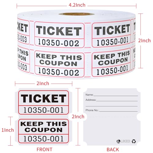 L LIKED Raffle Tickets Double Rolls 1000 Per Roll 50/50 Raffle Tickets for Events,Carnivals, Entry, Class Reward, Prizes(White) - color: 1000 White