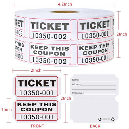 L LIKED Raffle Tickets Double Rolls 1000 Per Roll 50/50 Raffle Tickets for Events,Carnivals, Entry, Class Reward, Prizes(White) - color: 1000 White