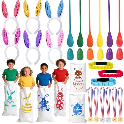 Easter Games for Kids Outdoor, Potato Sack Race Bags, Bunny Ears Headbands, Egg Spoon Relay Races, Legged Relay Race Bands for Easter Eggs Hunt Games