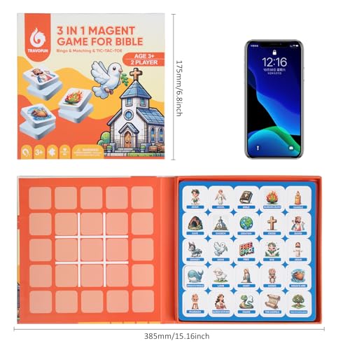 TRAVOFUN Bible Memory Matching Game for Kids - 3-in-1 Magnetic Travel Toy Set with 50 EVA Pieces, Tic-Tac-Toe & Storytime Bingo, Christian Educational Sunday School Games & Church Activities Gift - style: Bible Memory Game