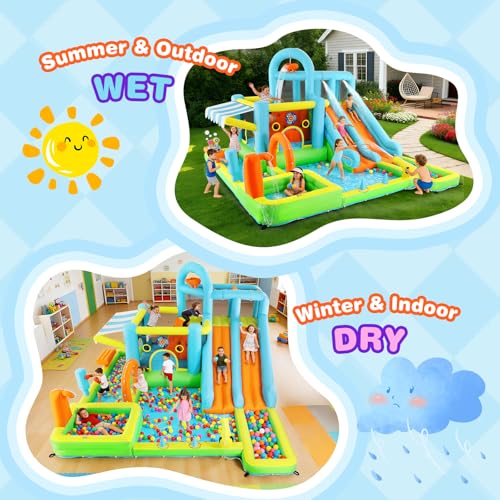 JOYLDIAS Inflatable Water Slide Bounce House for Kids, Luxury Heavy Duty Blow Up Water Park with Double Slides, Climbing Wall, Splash Pool and Sunshade Awning - Ideal Backyard Gift for Toddlers & Kids - color: 10 in 1