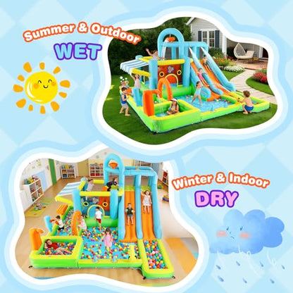 JOYLDIAS Inflatable Water Slide Bounce House for Kids, Luxury Heavy Duty Blow Up Water Park with Double Slides, Climbing Wall, Splash Pool and Sunshade Awning - Ideal Backyard Gift for Toddlers & Kids - color: 10 in 1