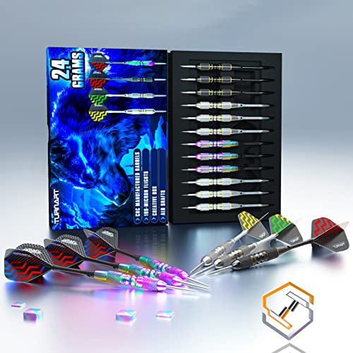 Turnart Darts Metal Tip Set - Steel Tip Darts Darts Set Professional Metal Darts 12 pcs 22/24 Grams Pro Dart Set with Stylish Case Aluminum Shafts Extra 9 Flights - color: Purple