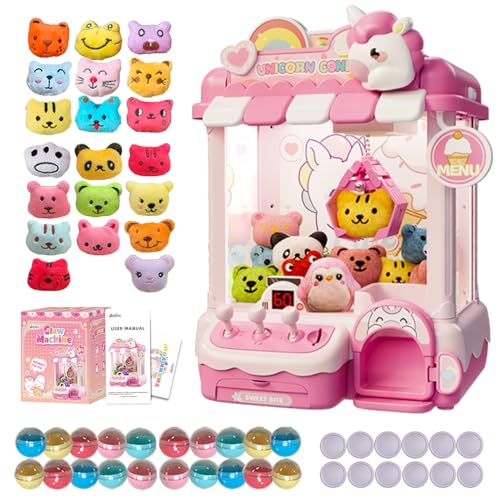 Unicorn Claw Machine for Kids, Arcade Prize Grabber with 20 Mini Plush Toys and 20 Capsules, 3-Lever Controls, Lights and Music, Gift for Ages 3 and Up - style: Unicorn