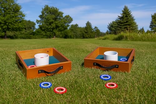 Washer Toss Game Outdoor Games Giant Yard & Lawn Games | Set of 2 Solid Wood Targets and 2.5-inch Washers Toss Rings| Bulls-Eye Pitching Board| Backyard Beach Camping Party