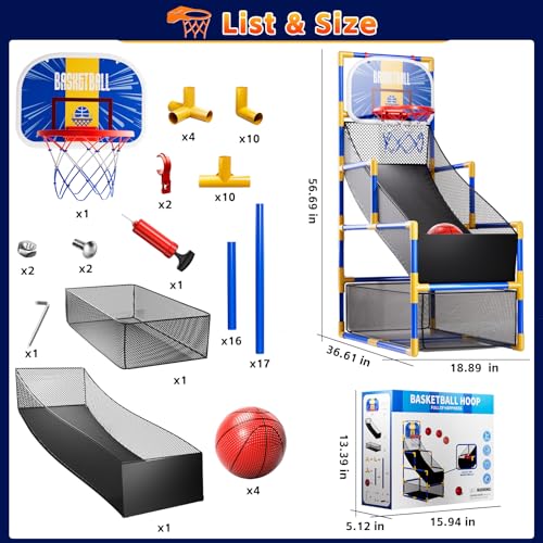 Kids Arcade Basketball Game Set with 4 Balls and Air Pump, Indoor Outdoor Basketball Hoop Sports Toy Gifts for Kids Boys Girls 3-12 Years Old, Ideal for Competition and Carnival Party Games