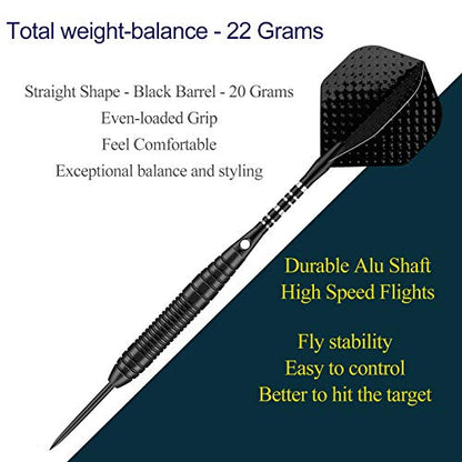 Darts Metal Tip Set - 3 Pack Professional 22 Grams Steel Tip Darts with Slim Case Black Purple Blue Aluminum Shafts 9 Flights 50 Rubber O'Rings 1 Dart Sharpener 12 Spring Rings - color: 22 Grams - black