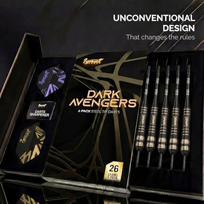 Steel Tip Darts, 6 Pack Knurled Brass Barrels with EVA Case, Darkborn | 16 GlideXPro 130 micron flights, aluminum shafts w/ O-rings, sharpener, dart tool, ebook, 10-yr warranty - color: Lilac - Dark Avenger