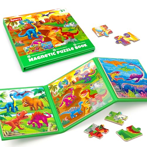 SYNARRY Dinosaur Magnetic Puzzles for Toddlers 3-5, 20 Pieces Travel Puzzles for Kids Ages 4-6, Easter Basket Stuffers Gifts for Kids, Car Airplane Road Trip Activities Magnet Games Toy - style: Dinosaur