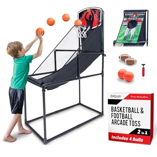 GoSports 2 in 1 Basketball and Football Toss Arcade Game for Kids Ages 3 to 8 Indoor and Outdoor Sports Toy with Hoop, Target, Balls & Pump for Backyard and Playroom Fun