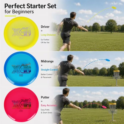 X-UFO Disc Golf Starter Set - 3 Piece Professional Disc Golf Set for Beginners, Lightweight & Portable, Putter Driver Midrange 170g-173g - color: TPU-3SETE8