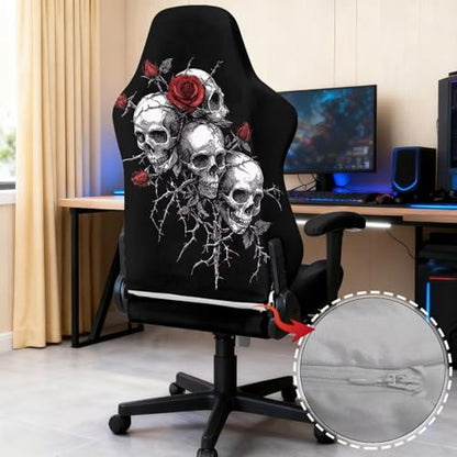 Skull Rose Printed 4 Pieces Gaming Chair Slip Cover Set Dust-Proof Elastic Game Chair Cover with Armrest Covers, Universal Fit, Machine Washable, Home Decor - color: Black and Grey - Skull Rose