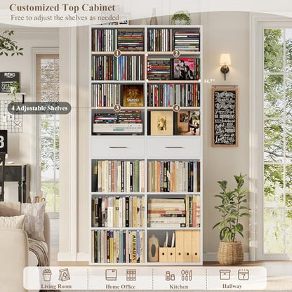 HOSTACK 73" Tall Bookshelf with Drawers, 7-Tier White Bookshelf with Storage, Double Wide Bookcase with 14 Open Book Shelves, Wood Book Case with Adjustable Shelves for Media CD DVD Storage, White - color: White