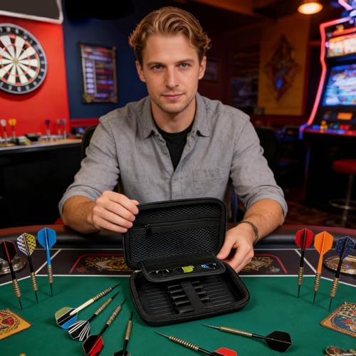 Dart Carrying Case - Hard Shell EVA Storage Box, Holds 6 Steel Or Soft Tip, Dart Holder With Zip Lock Pouches | Darts Wallet Compact Travel Darts Bag, For Tournaments, League, Game Room