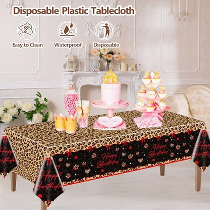 4 Pcs Cheetah and Cherry Birthday Tablecloths, Red and Black Leopard Print Disposable Plastic Table Cover for Bridal Shower Bachelorette Birthday Party Supplies, 54 x 108 Inches - color: Red Cherry