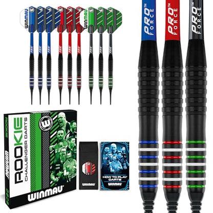 WINMAU Rookie Blue Softip (Plastic Tips) Brass Darts Set | Single or Multi Sets | Includes Flights and Shafts (Stems) | Exclusive Darts Booklet | Blue, Red and Green | - color: Blue, Red and Green