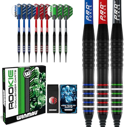WINMAU Rookie Blue Softip (Plastic Tips) Brass Darts Set | Single or Multi Sets | Includes Flights and Shafts (Stems) | Exclusive Darts Booklet | Blue, Red and Green | - color: Blue, Red and Green