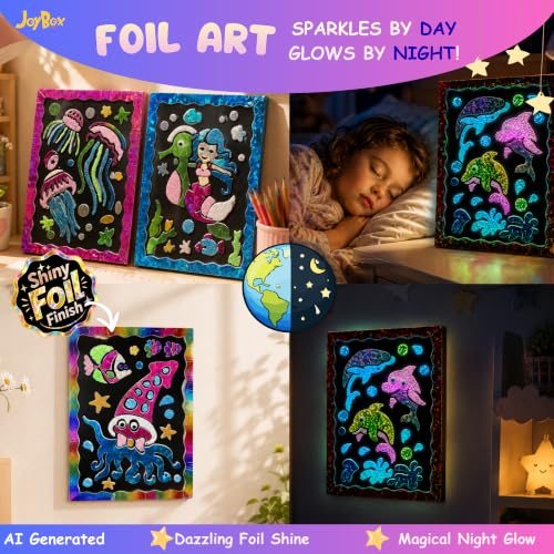 JoyBox Foil Art & Glow Sequin Art Craft Kit 2-in-1, foil Fun Art kit for Kids 6+, Luminous Day & Night Sensory Activity, Mindful Relaxing Arts & Crafts Gifts for Girls, Boys, All Ages-Mermaid Set - color: Mermaid