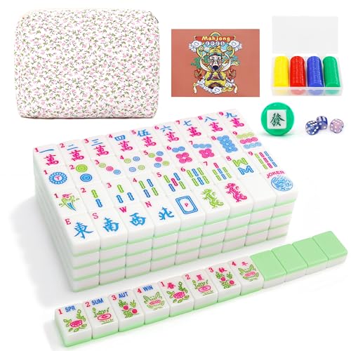 Jolitac American Mahjong Tile Set with 166 Tiles, 1.2-Inch Tiles & Accessories, Mahjong Gift Set with 3 Blue Dice and Mahjong Tile Bag, Portable Travel Game for Adults, Family Night, Gift (No Rack) - color: Green