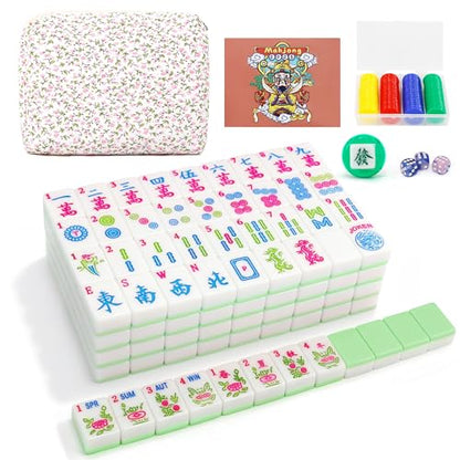Jolitac American Mahjong Tile Set with 166 Tiles, 1.2-Inch Tiles & Accessories, Mahjong Gift Set with 3 Blue Dice and Mahjong Tile Bag, Portable Travel Game for Adults, Family Night, Gift (No Rack) - color: Green